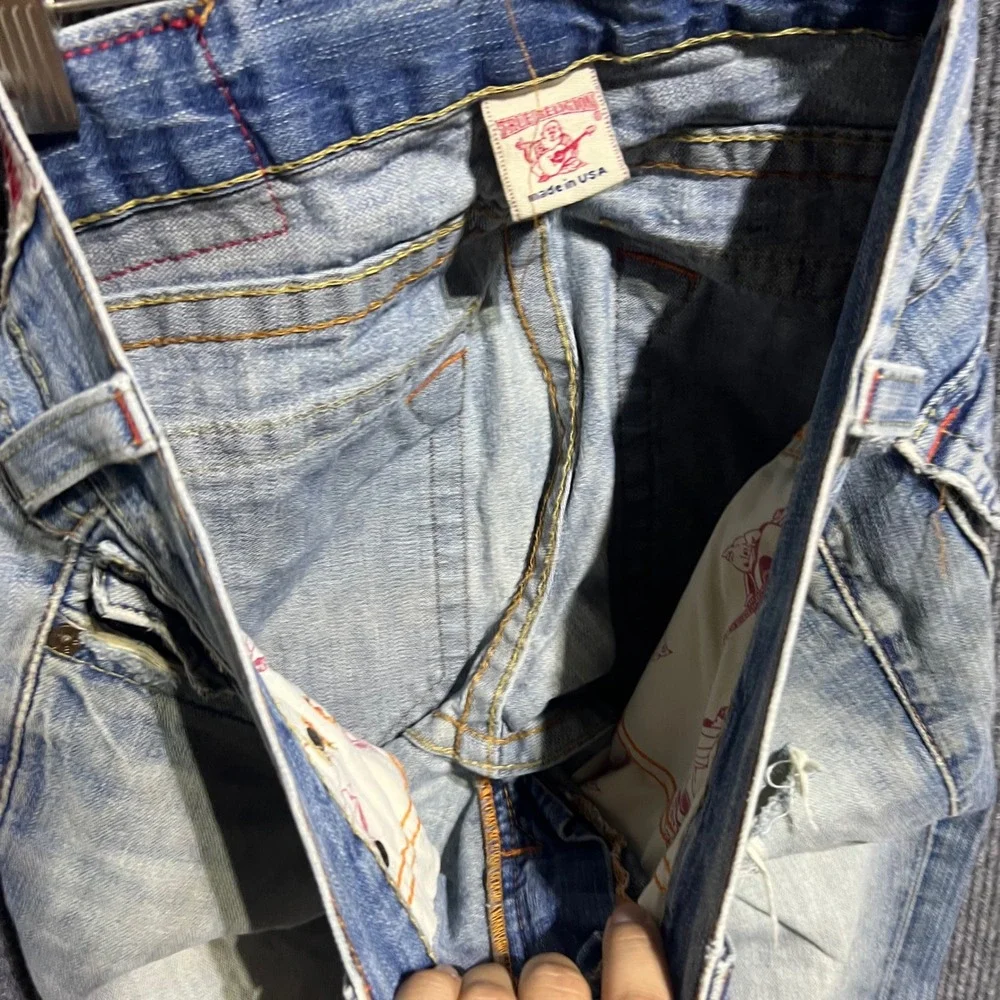 True Religion Joey Jeans Mens 32 Blue Distressed Flare Twisted Seam Made in USA